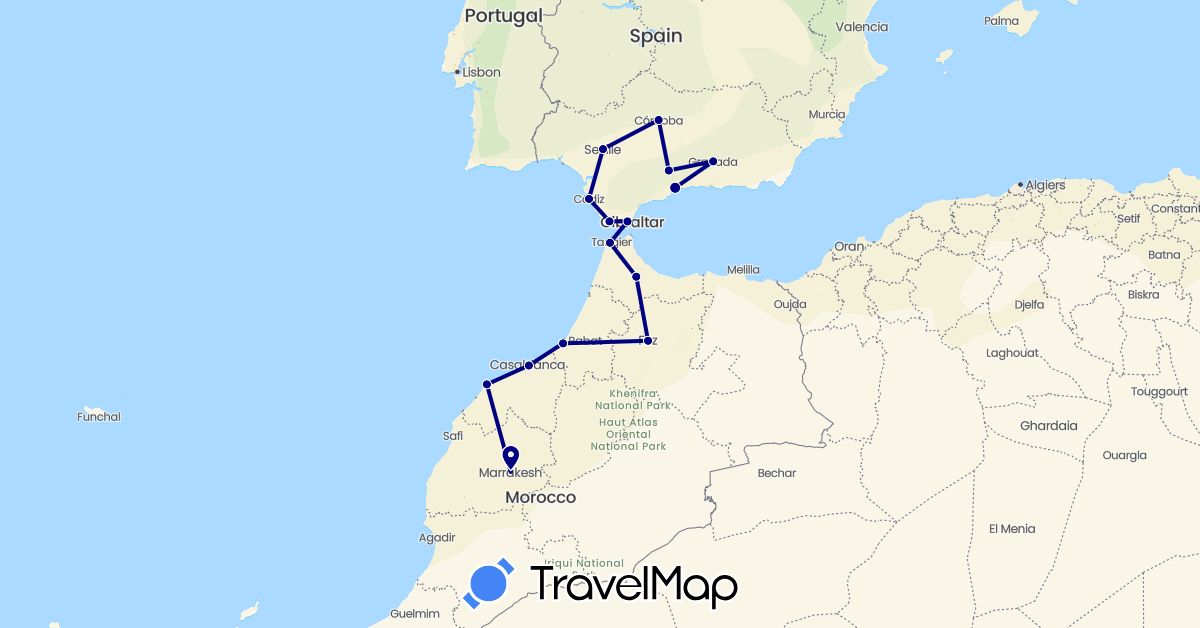 TravelMap itinerary: driving, plane in Spain, Morocco (Africa, Europe)